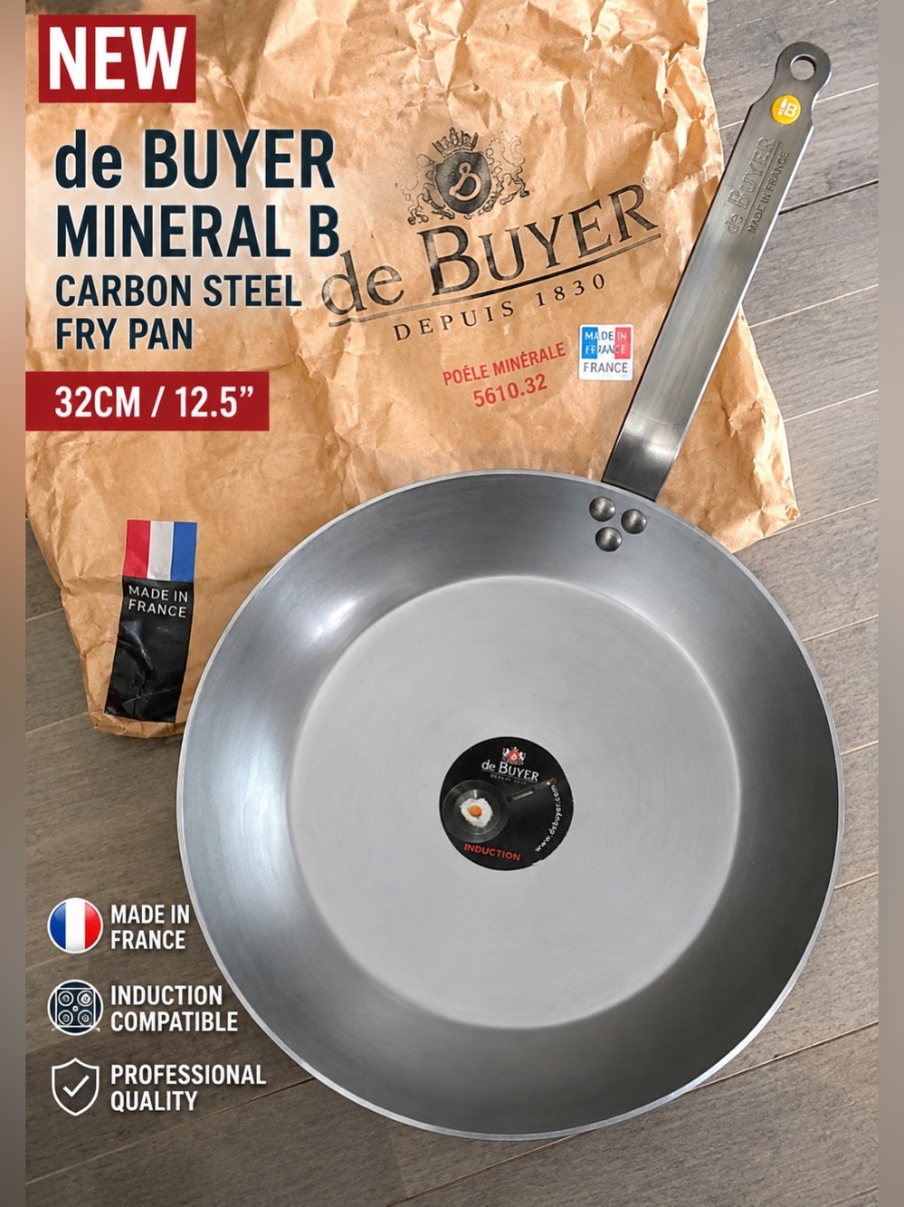 NEW de Buyer Mineral B 32cm Carbon Steel Fry Pan Made in France Induction